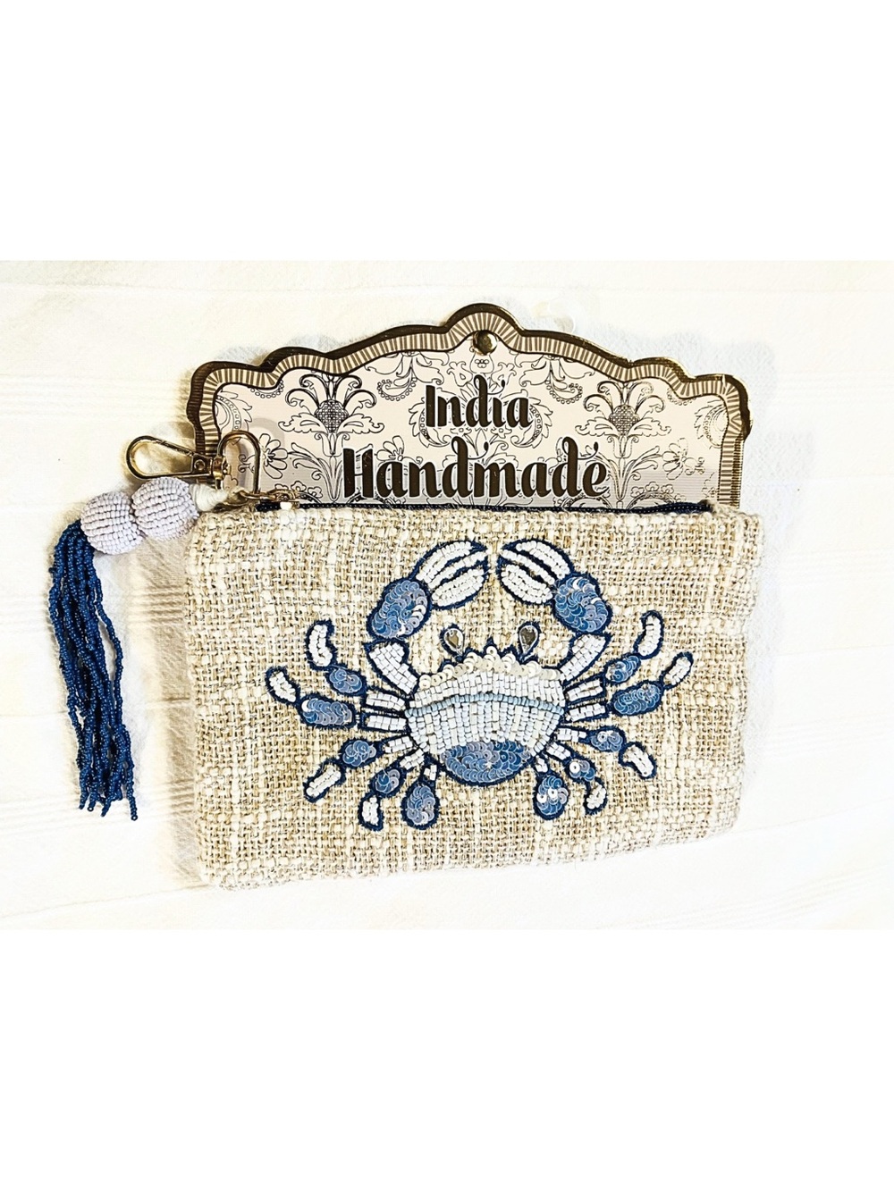 NWT Handmade India Beaded Large Crab Clutch Coastal Summer Vacation Pouch